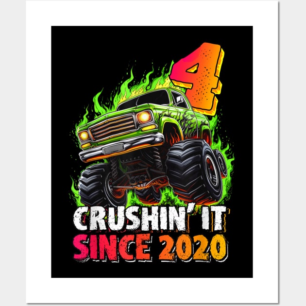 Monster Truck 4 Year Old Boys 4th Birthday Party Born 2020 Wall Art by elmiragokoryan